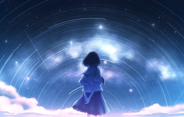 The sky, girl, night, the milky way, Starfall, by Nengoro