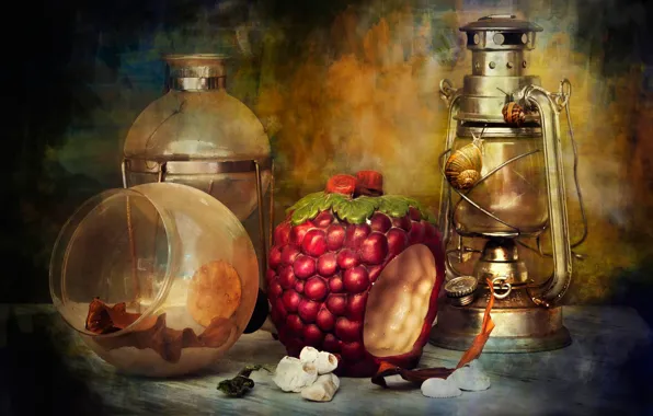 Lamp, snails, kettle, still life