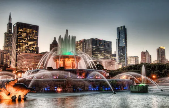 Building, skyscrapers, the evening, Chicago, Chicago, fountains