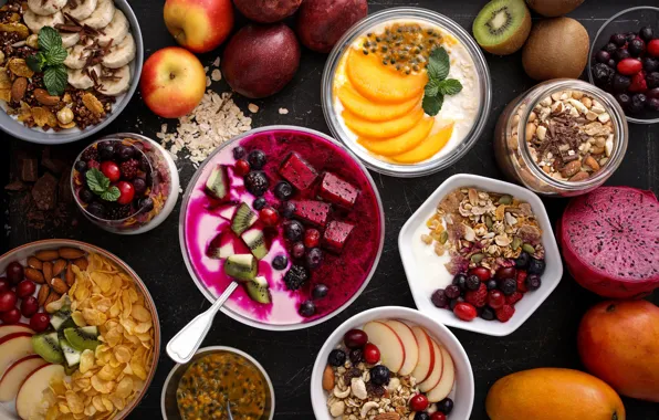 Berries, Apple, kiwi, fruit, mango, exotic, cereal, muesli