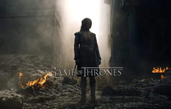 Picture wallpaper, fire, girl, movie, game of thrones, stark, Maisie Williams, serie
