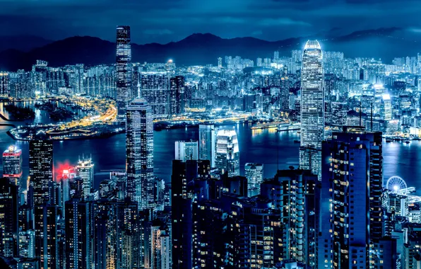 Night, Hong Kong, skyscrapers, panorama