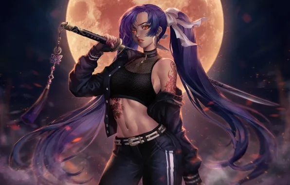 Girl, Night, Figure, The moon, Style, Girl, Sword, Moon