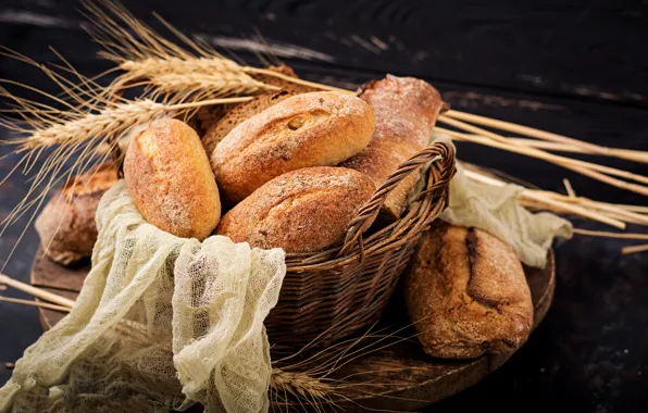 Wheat, basket, spikelets, bread, cakes, bokeh, gauze