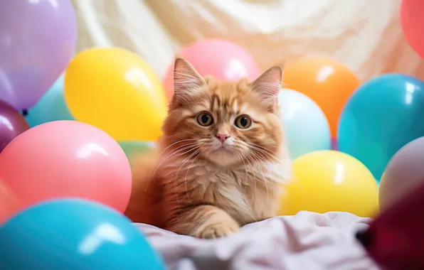 Cat, look, pose, balloons, kitty, holiday, red, fabric