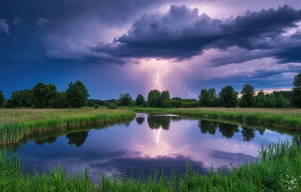 Landscape, Lightning, clouds, lake, meadow