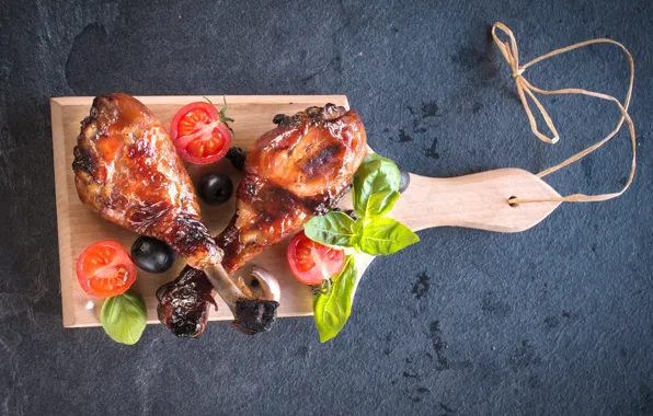Leaves, chicken, meat, tomatoes, olives, Meat, tomato, Basil