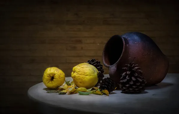 Picture leaves, pitcher, fruit, still life, bump