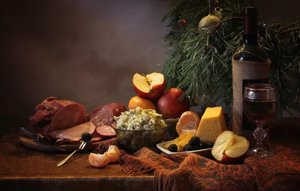 Wine, glass, Apple, cheese, meat, still life, sausage, pine