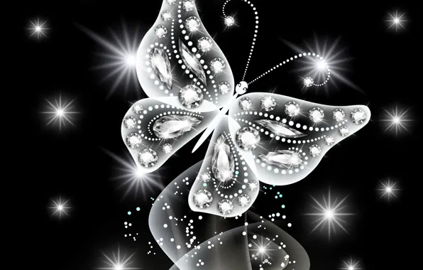 Butterfly, abstract, white, butterfly, glow, neon, sparkle, diamonds