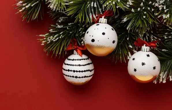Balls, branches, Christmas, New year, red background