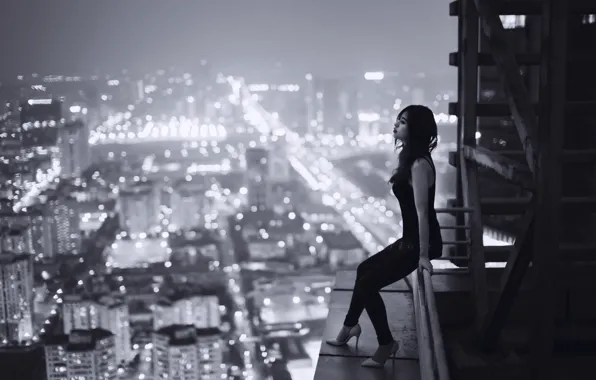 Roof, girl, night, the city, loneliness, sadness, height, Vietnam