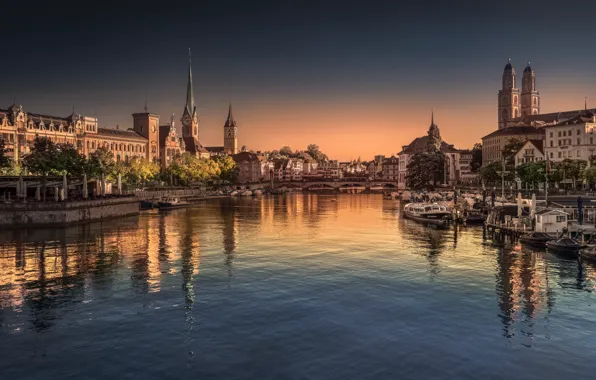 Picture city, river, Switzerland, morning, boats, Zurich, town hall