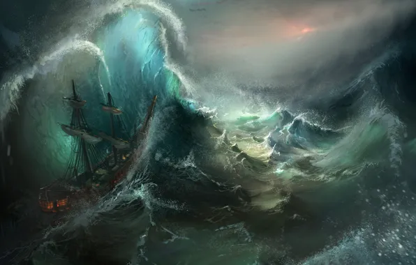 Sea, wave, storm, ship, art, Diamond Kitty Finding Her Johnson, Stormy Seas