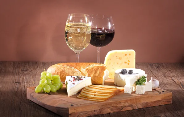 Wine, glass, cheese, bread, grapes, olives, feta cheese