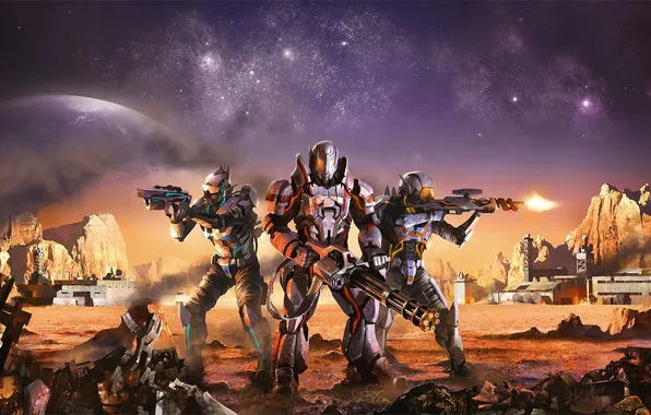 Picture stars, weapons, rocks, planet, war, art, machine gun, armor