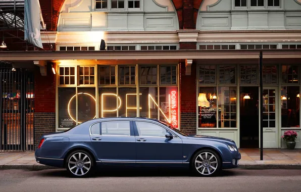 Picture Bentley, Continental, Blue, The city, Street, Bentley, The building, Sedan