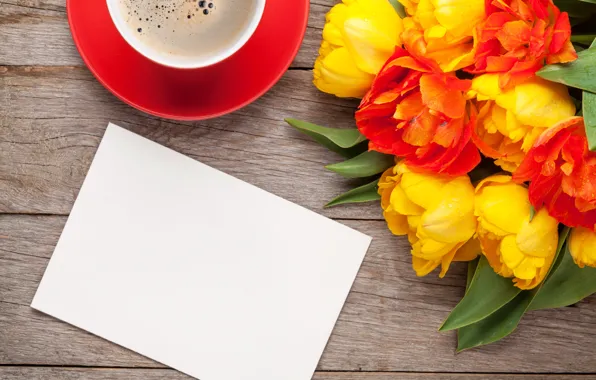 Coffee, bouquet, colorful, tulips, yellow, flowers, cup, tulips