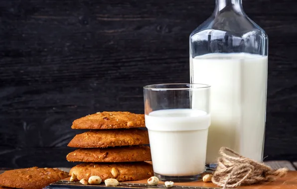 Glass, milk, cookies, book, nuts, milk, cookies