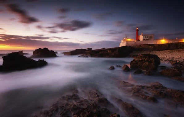 Sea, night, lights, stones, rocks, shore, lighthouse, dal