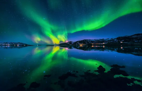 Picture the sky, stars, light, reflection, mountains, night, Northern lights, the village