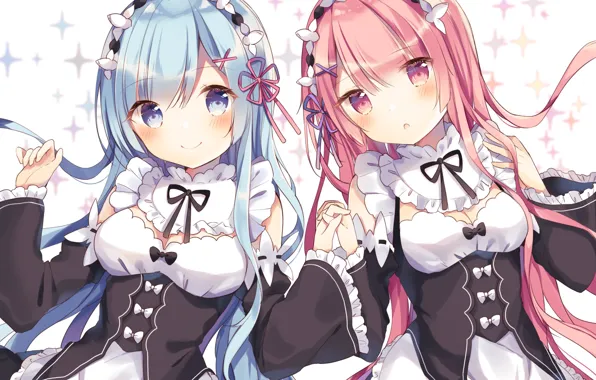 Girls, anime, art, sisters, REM, RAM, re:zero kara hajime chip isek or seikatsu
