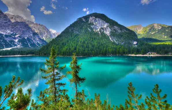 Trees, mountains, lake, Italy, Italy, The Dolomites, Dolomites, Trentino