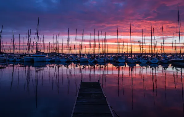 The sky, clouds, sunset, reflection, boats, the evening, pier, pierce