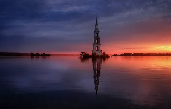 Landscape, sunset, nature, the city, river, the evening, Volga, the bell tower