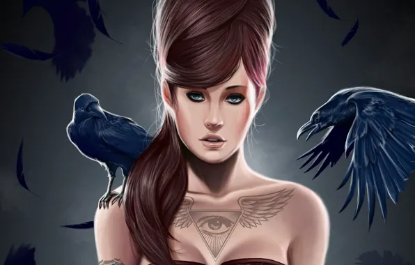Girl, birds, eyes, wings, feathers, tattoo, art, hairstyle