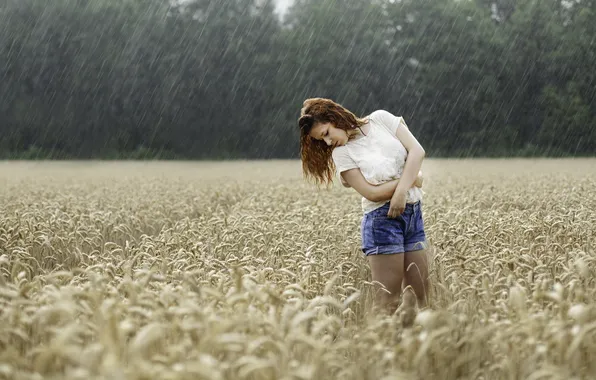 Picture field, girl, rain