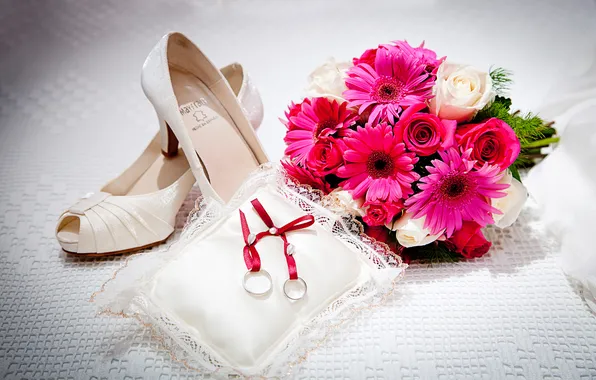 Flowers, shoes, cushion, engagement rings