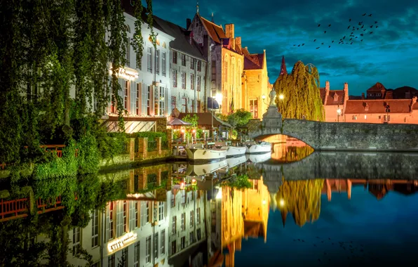 Picture bridge, the city, reflection, river, home, boats, the evening, lighting