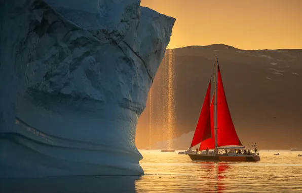 Picture sea, yacht, iceberg, scarlet sails, Greenland