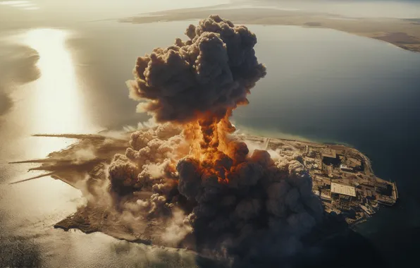 Home, Sea, Island, Mushroom, The explosion, Digital art, A nuclear explosion, Destruction