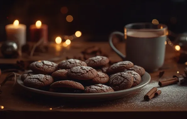 Lights, the dark background, table, candles, cookies, plate, Christmas, mug