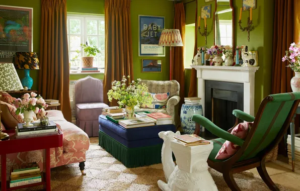 Flowers, design, style, books, interior, fireplace, living room, vases