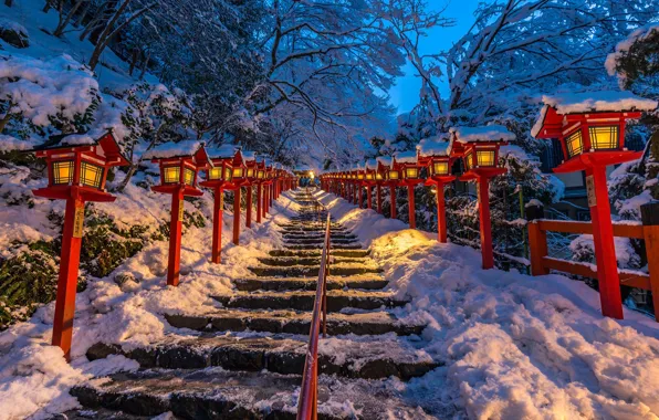 Japan, lights, ladder, Japan, Kyoto, Kifune shrine