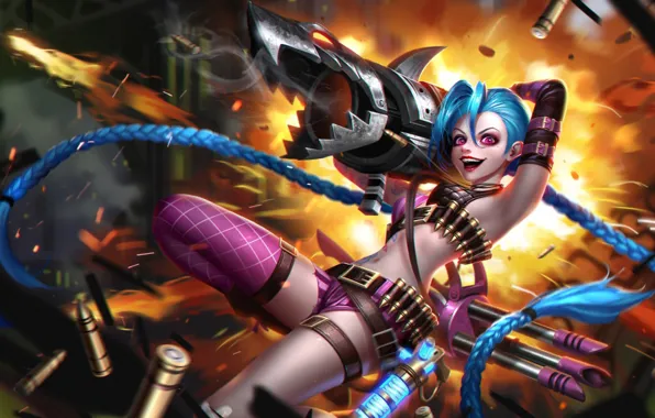 Girl, smile, hair, art, Bazooka, League of Legends, Jinx, Loose Cannon