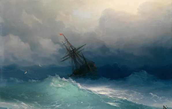 Picture, seascape, Ivan Aivazovsky, A ship in Stormy Seas