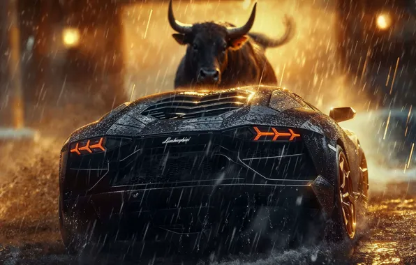 Picture Black, Lamborghini, Rain, Bull, Art, Bull, Back, Lamborghini Scrambled