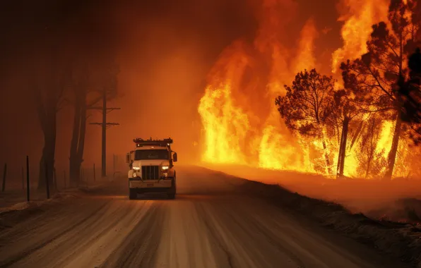 Road, Trees, Smoke, Fire, Machine, Fire, Truck, Digital art