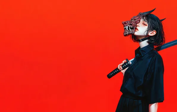 Picture AI Art, AI Generated, Anime, Girl, Anime Girl, Red Background, Mask, Katana