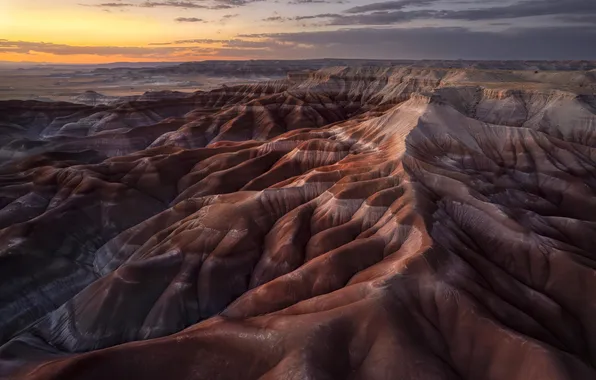 The sky, clouds, sunset, mountains, strip, desert, the slopes, tops