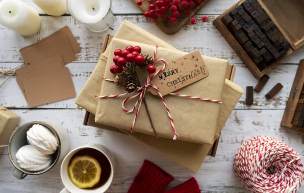 The inscription, lemon, tea, Board, chocolate, candles, fruit, Christmas