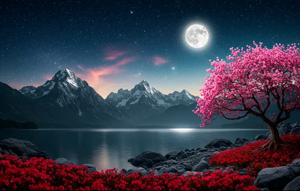Mountains, night, lake, the moon, Sakura