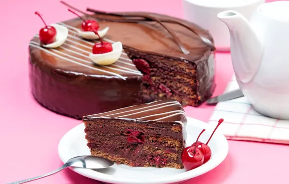 Picture kettle, cherry, cake, chocolate