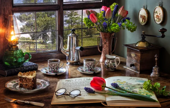 Picture flowers, style, books, lamp, coffee, bouquet, window, glasses