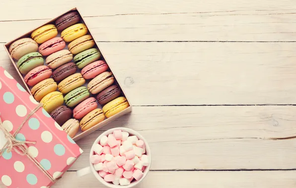 Flowers, gift, colorful, wood, pink, flowers, macarons, gift box