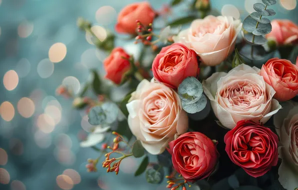 Flowers, holiday, roses, bouquet, red, pink, March 8, bokeh